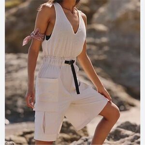 Free People Cream Sleeveless V-Neck Utility Romper with Black Tie